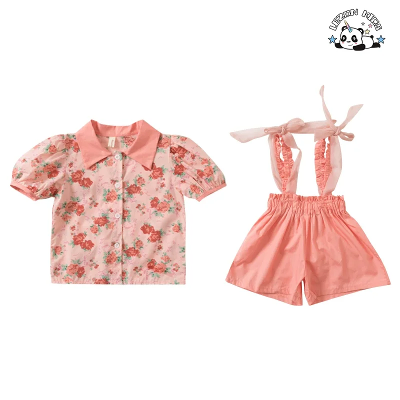 LEZONKIDS - Customizable New Summer Floral Short Sleeve Cotton Children Little Girls Clothing Sets for Kids